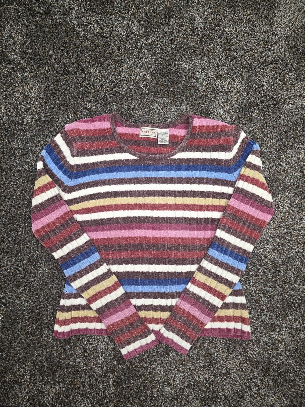 Vintage Arizona Jean Co Sweater Y2K 90s Striped Chenille Ribbed Knit XL Grunge